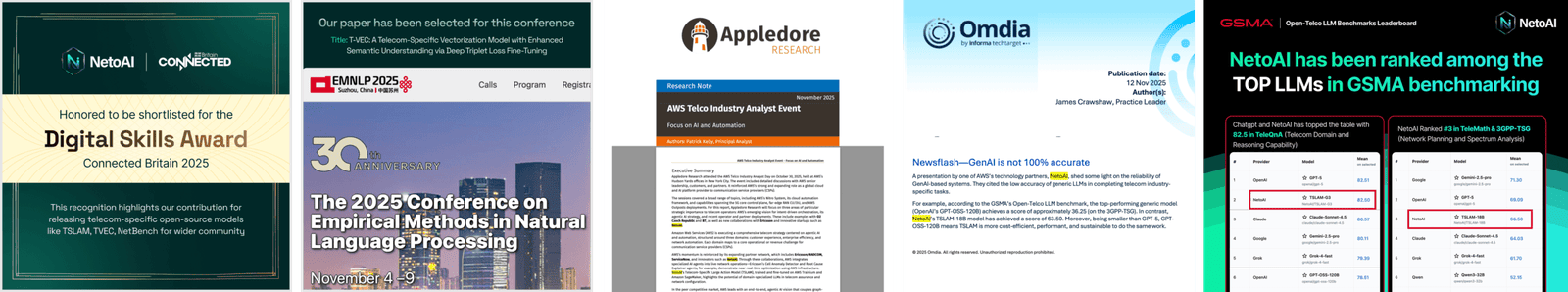 Connected Britain Digital Skills Award, EMNLP 2025 research selection, Appledore Research analyst note, Omdia coverage and GSMA benchmark recognition